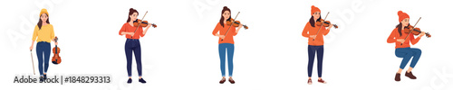 Female Musician Violin Player Flat Vector Character Illustration Set