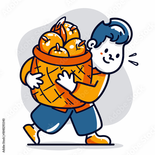 Cartoon character carrying a large basket of fresh oranges on their back, walking happily.