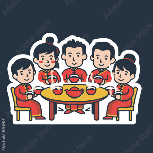 Cartoon illustration of a Chinese family enjoying a traditional tea ceremony around a round table, dressed in red festive attire.