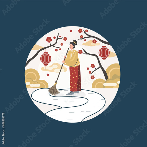 A woman in traditional attire sweeping a path under blossoming trees with red lanterns.