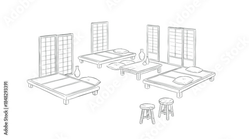 Hand-drawn sketch of a traditional Asian room with minimalist furniture including low beds, a table, cushions, and folding screens in a serene and simple line art illustration