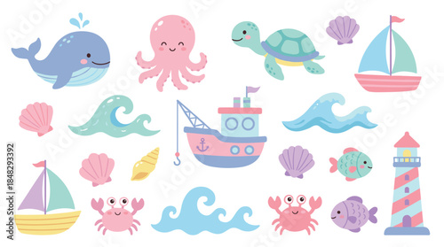 Set of cute cartoon sea life illustrations with a whale, octopus, turtle, boat, and lighthouse in a charming pastel color palette for children's designs and decorations