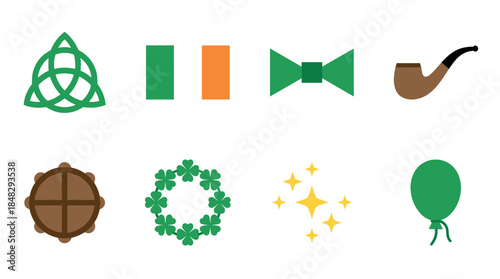 Set of eight Irish holiday symbols featuring a Celtic triquetra knot, national flag, green bowtie, smoking pipe, bodhran drum, clover wreath, and a festive balloon
