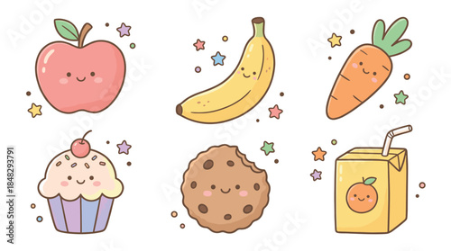 Cute kawaii food and drink set with smiling faces, including an apple, banana, carrot, cupcake, cookie, and juice box, illustrated in a charming, hand-drawn cartoon style