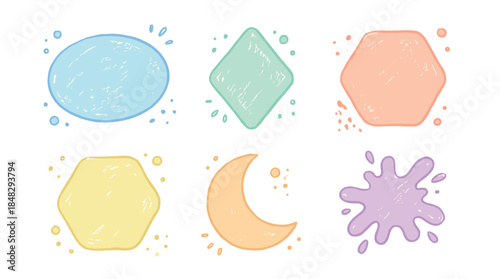 Hand-drawn colorful pastel shapes and doodles collection with a cute, sketchy texture for creative design elements, including a moon, oval, hexagon, and paint splash