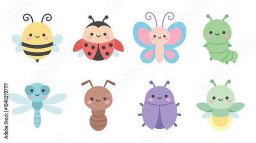 Collection of cute kawaii style insects including a bee, ladybug, butterfly, and firefly in a cheerful, flat vector illustration set for children's design elements