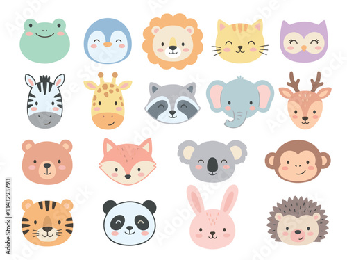 Collection of cute cartoon animal faces including a lion, panda, fox, and tiger in a flat vector illustration style for children's design, showing happy and friendly expressions