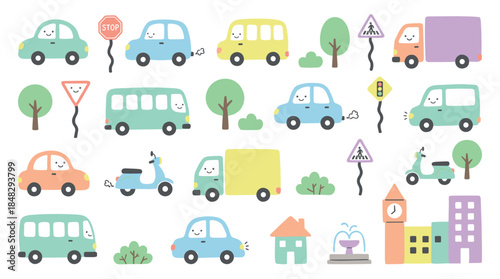 Collection of cute cartoon vehicle illustrations with smiling faces, including cars, buses, trucks, and scooters, alongside city elements like buildings, trees, and road signs in a pastel palette