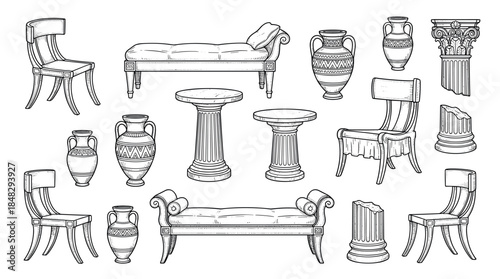 Vintage hand-drawn set of ancient furniture and decorative items including klismos chairs, amphorae, and columns in a detailed black and white engraving style illustration