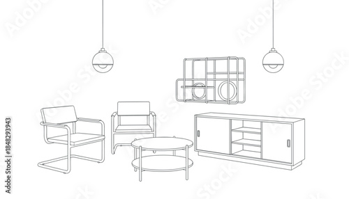 Modernist living room furniture set illustration with tubular steel armchairs, a round coffee table, sideboard, and pendant lamps in a clean minimalist line art style