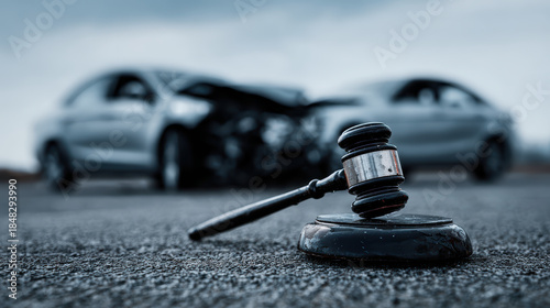 Car accident law justice gavel crashed vehicle legal concept road collision insurance litigation Car accident law justice gavel near crashed