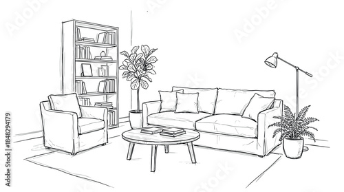 Hand-drawn living room interior sketch in a clean line art style, featuring a cozy sofa, armchair, coffee table, bookshelf, and potted plants creating a comfortable home scene