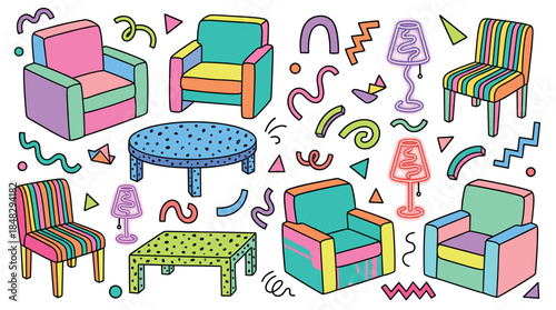 Colorful collection of retro 80s style furniture including armchairs, tables, and lamps with abstract geometric shapes in a fun, playful doodle illustration