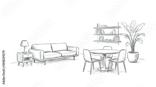 Hand-drawn interior sketch of a modern living and dining room with a sofa, table, chairs, and potted plant in a minimalist architectural style with clean lines