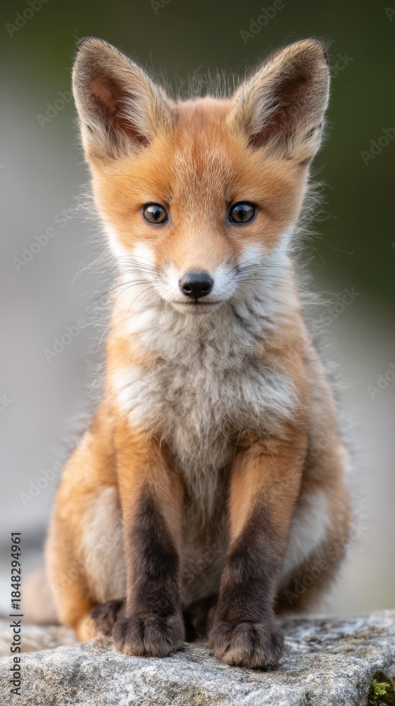 Fototapeta premium adorable fox cub sitting, curious expression, light neutral background, professional wildlife photography style