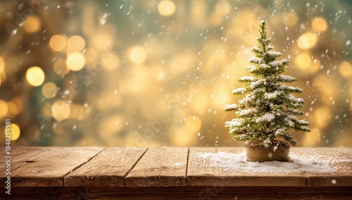 Vibrant photo of Snowy miniature Christmas tree on a rustic wooden table with falling snow and blurred bokeh lights.