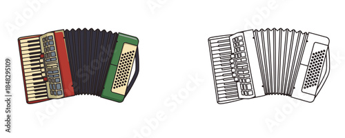 Musical accordion in cartoon vector style with black outlines and keyboard details traditional folk instrument for rhythmic music