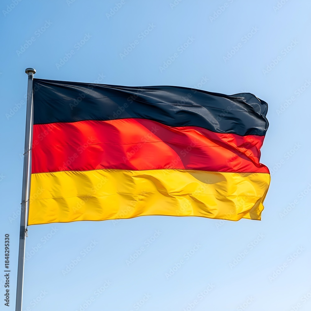 Naklejka premium The Waving Flag of Germany Proudly Displayed Against a Clear Blue Sky