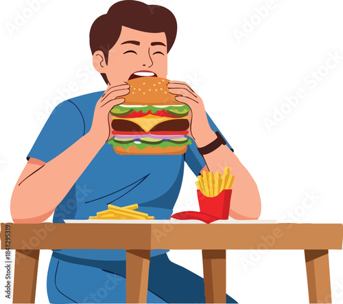 Flat image of a man eating a burger