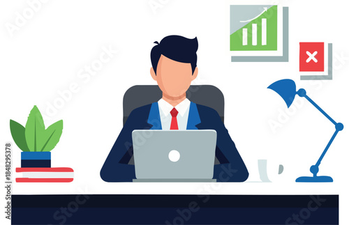 Flat image of a person working in an office with a laptop.