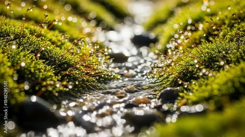 Macro photography of glistening dew drops on moss beside a clear forest stream captures the essence of nature serene beauty and renewal