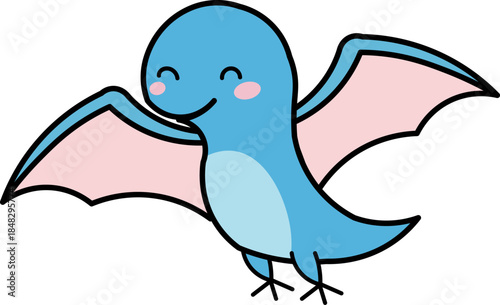 Happy blue flying creature with pink wings and a cheerful smile