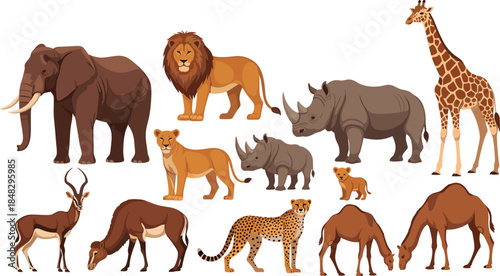 African Safari Animals Vector Set Illustration, Wildlife Collection Including Elephant, Lion, Rhino, Giraffe, Cheetah, and Antelope for Nature, Zoo, and Travel Design.