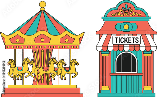 Amusement Park Vector Set Illustration, Classic Carousel Ride with Golden Horses and Vintage Ticket Booth for Carnival, Fairground, and Entertainment Center Design.