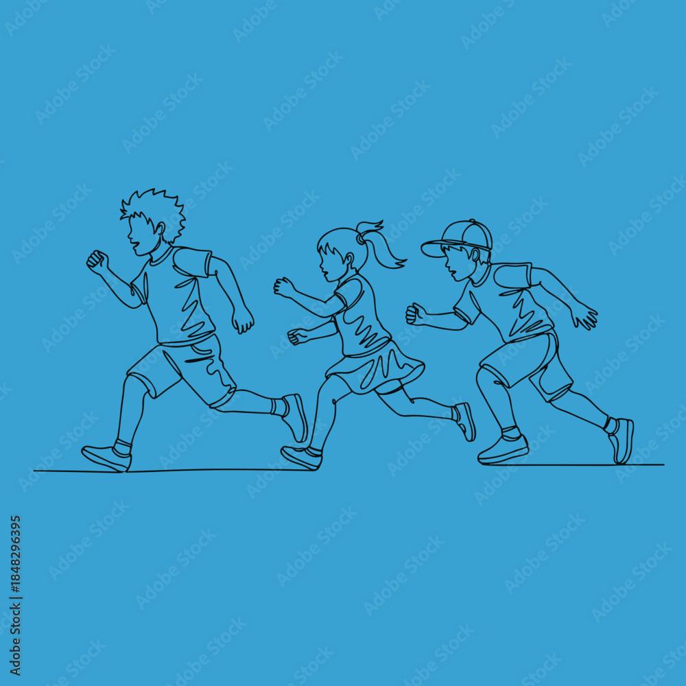 Fototapeta premium Continuous line drawing of three active children running, simple illustration on a vibrant blue background.