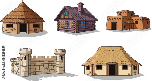 Collection of five traditional and historical dwellings showcasing diverse global architecture styles for education, culture, and heritage-themed visuals