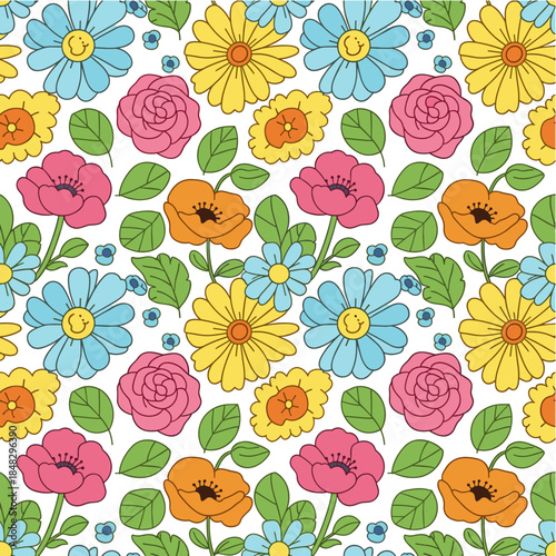 Cheerful Retro Floral Seamless Pattern with Vibrant Cartoon Flowers and Green Leaves on White Background