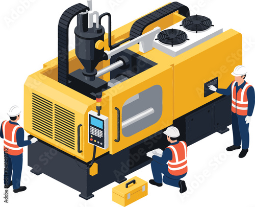 Isometric vector illustration of factory workers in safety vests operating a large yellow industrial manufacturing machine or injection molding equipment in a warehouse.