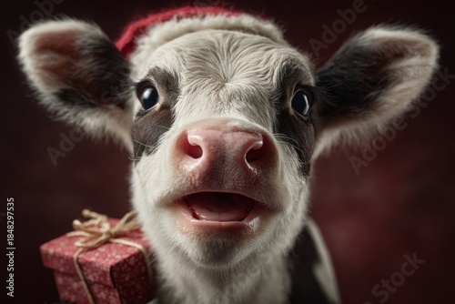 A christmas delight: the enchanting face of joyful youth. Luxury apparel. A whimsical holiday scene: cow with santa hat and a special gift box. Glamorous lifestyle. Elegant presentation.