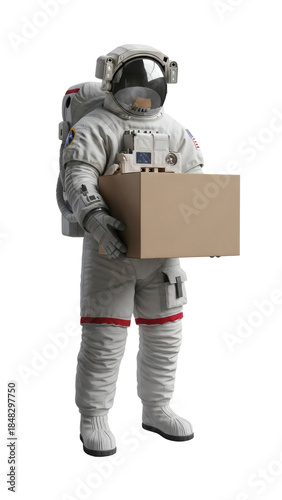 Professional astronaut delivering an important cardboard package  for futuristic logistics concepts