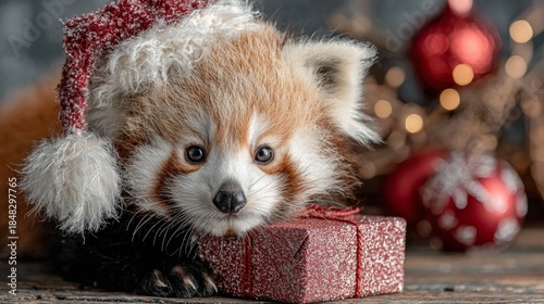 Holiday cheer personified: the adorable christmas panda. Luxury portrait. Adorable red panda with santa hat: a joyful christmas card scene. Elegant presentation. Premium design.