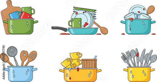 Set of Dirty Dishes Cartoon Illustrations: Collection of Kitchenware, Pots, Pans, and Utensils with Food Scraps for Cleaning, Housekeeping, and Chore Icons.