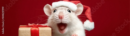 Adorable holiday moments encapsulated in a mouse's delight. Color background. Mouse baby's christmas: a charming holiday greeting card. Branding asset. Glamour photo.