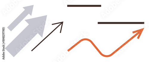 Abstract arrows, straight and curved lines symbolize upward growth, progress, direction, data analysis, pathways. Ideal for strategy, success, innovation development analytics leadership simple