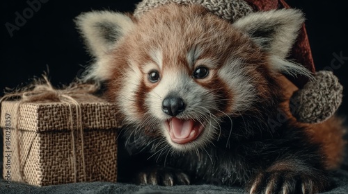 A christmas cuddle: the joyful spirit of a panda in holiday wear. Cinematic poster. Adorable red panda with santa hat: a joyful christmas card scene. Promotional poster. Fantasy poster.