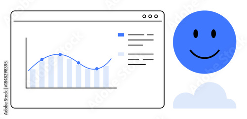 Data analysis concept. Data analysis with graphical ation showing trends, accompanied by a smiling face positive outcomes. Data analysis for business, technology, growth. Usage in analytics, business