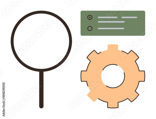 Magnifying glass, gear, and task list combine to symbolize research, problem-solving, and workflow optimization. Ideal for analysis, productivity, planning, development management efficiency