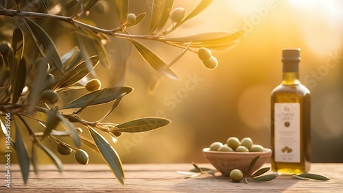 at sunset Green Olive Branch on blur Nature Background with Copy Space for Design. Generative AI illustrations.