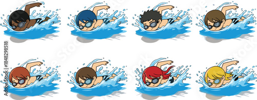 Set of Cartoon Swimmers Vector Illustration, Diverse Children Swimming in Blue Water with Goggles and Splashes for Sports, Summer, and Competition.