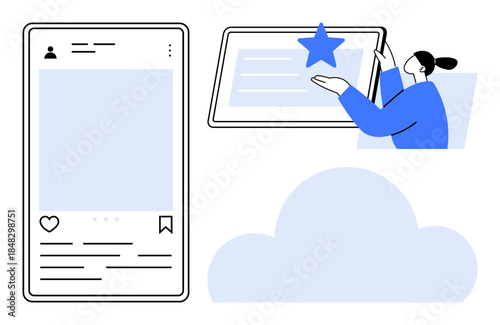 User engagement, digital communication, content creation, cloud storage, social media, online interaction. ion of a user interacting with digital content and a mobile interface. Social media