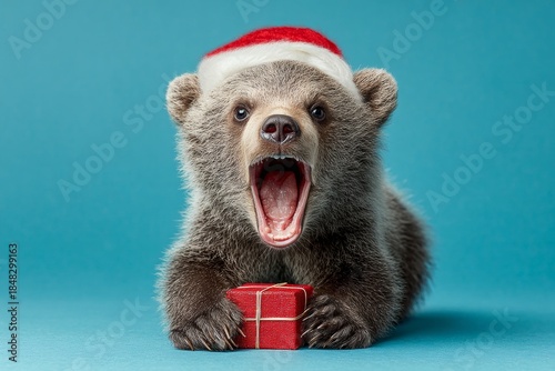 Festive teddy bear's delightful gift brings a holiday smile. Product showcase. Smiling bear with gift box, snowflakes, and glittery lights in festive scene. Creative concept. Fashion beauty.