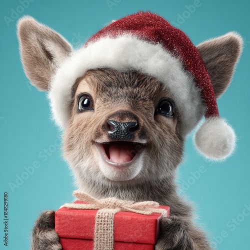 A joyful christmas elk: imagining the magic of holiday wonders. Creative concept. Joyous elk baby holding gift box amongst festive scenes. High resolution. Color background.