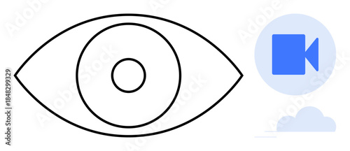 Vision, surveillance, technology, media streaming, cloud storage, monitoring. Eye outline with a camera and cloud icons. Vision and surveillance , emphasizing technology and media