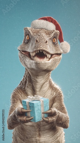 Holiday cheer with a friendly dinosaur: a unique christmas card illustration. Movie artwork. Festive baby dinosaur holding colorful box in a christmas wonderland. Hero poster.