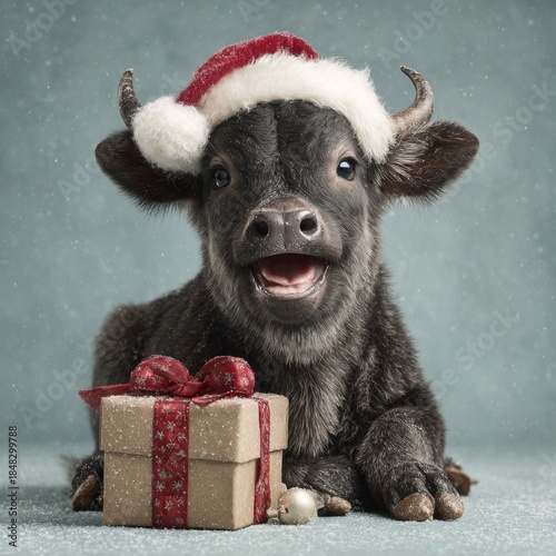 Charming holiday delight: santa-capped ox with bright smile. High-end fashion. Joyful ox baby amidst glittering elements: a holiday extravaganza. Elegant presentation. Extravagant style.