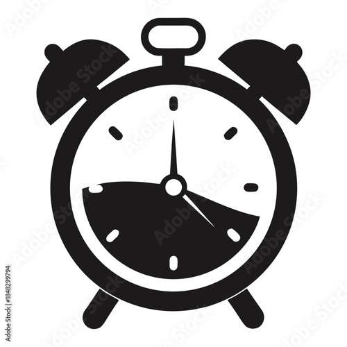 Modern black and white alarm clock icon, representing time and punctuality.